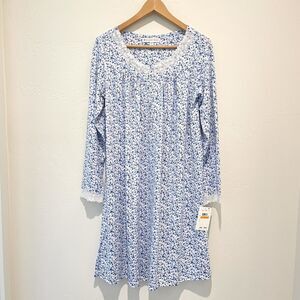 Eileen West Nightgown Knee Length Long Sleeve Country Floral Blue Womens Small
